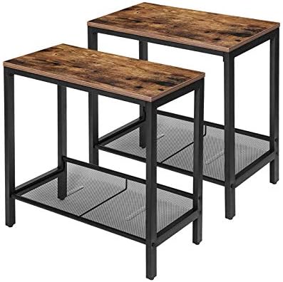 HOOBRO Side Table, Set of 2 Narrow Nightstands, Industrial End Table with Flat or Slant Adjustable Mesh Shelf for Small Spaces, Stable Metal Frame and Easy Assembly, Rustic Brown BF24BZ01