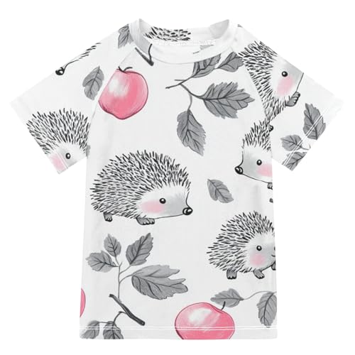 Boys Short Sleeve T-Shirts Apple Hedgehog White Animal Rashguard Kids Swim Shirts Sun UPF 50+