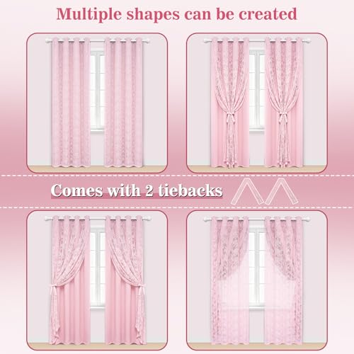 Image of Yinhua Pink Blackout Curtains Double Layer Curtains for Bedroom 84 Inch Length Nursery Curtain for Living Room, Grommet Drapes with Tiebacks, 2 Panels, 52 inch W x 84 inch L