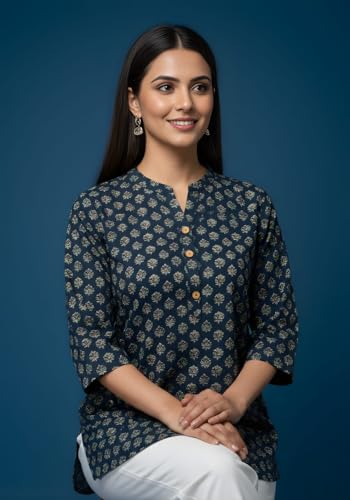 Image of Women's Cotton Printed Kurta Top | 3 /4 Sleeve Straight Kurti Casual Outings