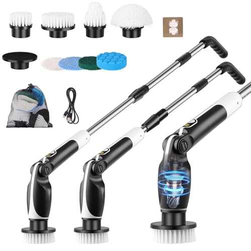 Cordless Electric Spin Scrubber: Versatile Cleaning Brush with 9 Replaceable Heads, 3 Speed Power Shower Scrubber & Adjustable Handle for Bathroom, Floor, and Tiles (Black)