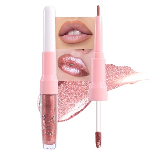 Image of Rose Gold Metallic Lip Liner and Lipstick Combo Lip Gloss Tints Stain Set Makeup for Women Long Lasting Waterproof 24, Light Pink Metallic Glitter Shimmer Iridescent Liquid Lipstick lippies Lip Gloss