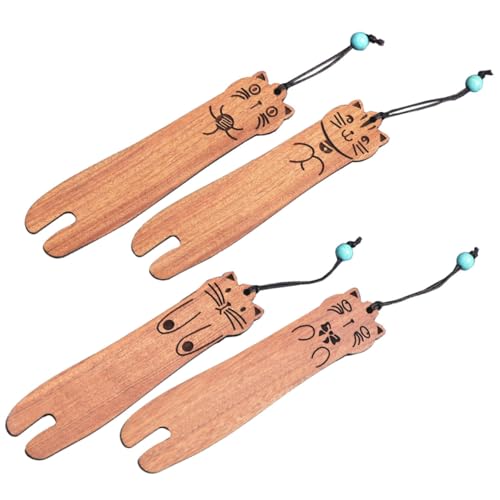 VILLFUL 4個 木製猫のしおり かわいいカートゥーン猫デザイン 軽量コンパクトなページマーカー 読書に便利で実用的 にもな木質ブックマーカ
