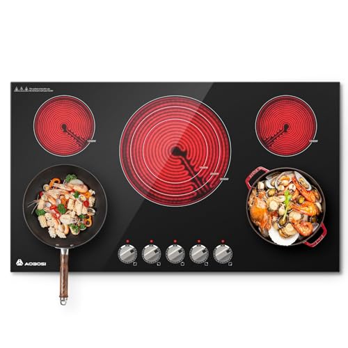 AAOBOSI 36 Inch Electric Cooktop 5 Burner 9000W Knob Controls