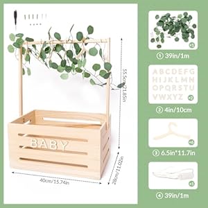 Wooden Baby Shower Crate Closet, Baby Basket with Hangers, Letters, Leaf Eucalyptus Rattan, and String Lights, Storage Crate Hamper, Baby Personailzed Basket for Pregnancy New Parent Wooden Baby Shower Crate Closet Baby Basket with Hangers Letters Leaf Eucalyptus Rattan and String Lights Storage Crate Hamper Baby Personailzed Basket for Pregnancy New Parent