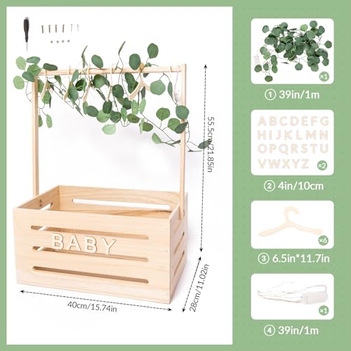 Wooden-Baby-Shower-Crate-Closet-Baby-Basket-with-Hangers-Letters-Leaf-Eucalyptus-Rattan-and-String-Lights-Storage-Crate-Hamper-Baby-Personailzed-Basket-for-Pregnancy-New-Parent Wooden Baby Shower Crate Closet Baby Basket with Hangers Letters Leaf Eucalyptus Rattan and String Lights Storage Crate Hamper Baby Personailzed Basket for Pregnancy New Parent