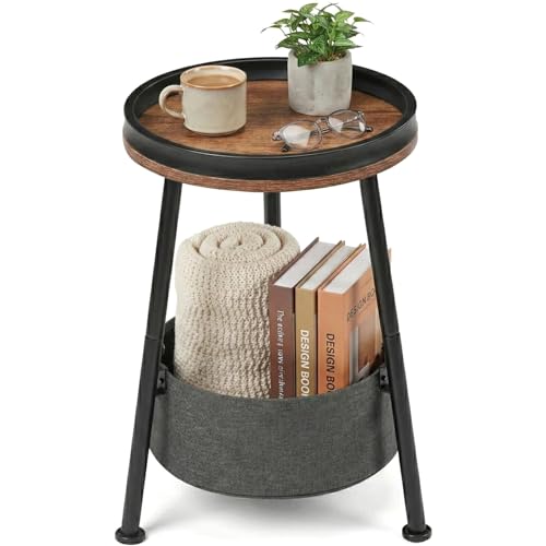 Image of LEMONDA Small Round Side Table with Storage Basket, 11.8" Compact End Table with Tray Top & Fabric Bin, Rustic Wood Bedside Nightstand for Living Room, Bedroom, Small Spaces