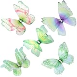 HINZIC 5pcs Green Butterfly Hair Clips, Gradient Rhinestone Organza Barrettes, Christmas Bachelorette Party Halloween Rave Festival Concert Hair Accessories for Wome