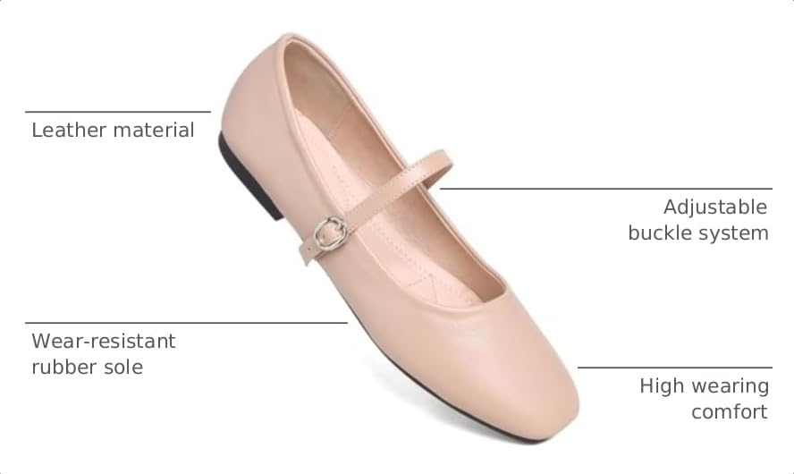 Image of TN TANGNEST Leather Flats for Women Retro Mary Jane Flats | Comfortable Square Toe Slip On Flats with Buckle Strap, Soft Work Flats Office Shoes