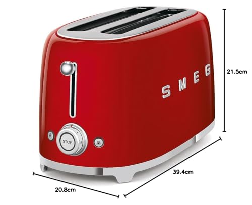 Smeg, Grille-pain 4 Tranches TSF02RDEU, 2 Fentes 36 mm, 6 Niveaux de Brunissage, Fonction Chauffage, Décongélation et Bagel, Éjection Automatique du Pain, Ramasse Miettes, 1500 W, Rouge