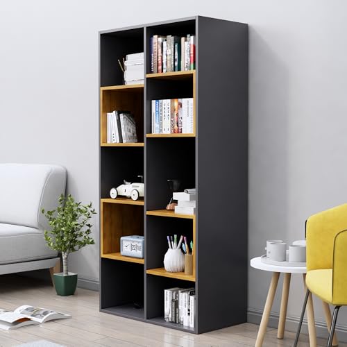 Image of Bniture 10 Tier Engineered Wood Open Book Shelf Wooden Bookshelf for Home, Kids Room & Study Room | Multipurpose Free Stand Corner Book Organizer for Library Room, Office | Slate Grey & Giant Wood