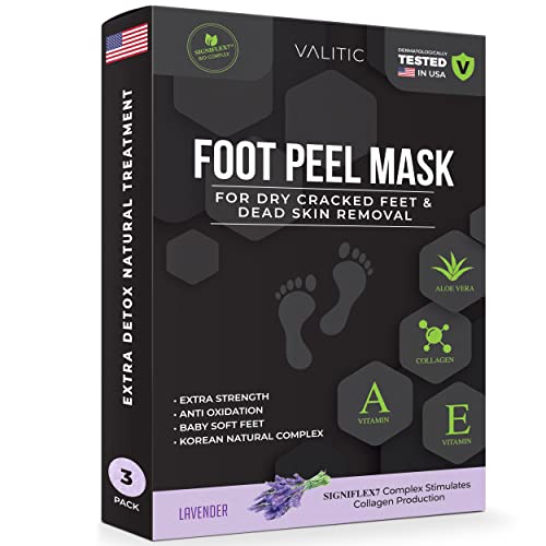 VALITIC Foot Peel Mask for Dry Cracked Feet and Dead Skin Callus Removal - Vitamin E & A Aloe Vera Collagen Moisturizing Natural Korean Complex - Extra Strength - Men and Women 3 Pairs - Lavender