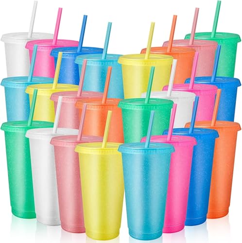 TESIN 24 vasos de plástico con tapa y pajita, vasos reutilizables de 700 ml, vasos de plástico coloridos para fiestas, cumpleaños, tazas de café helado, vasos para bebidas frías, vasos en grandes