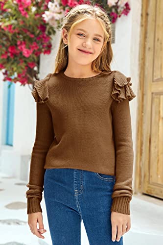 Cnjfj Kids Girls Cute Crew Neck Fuzzy Sweaters Ruffle Long Sleeve Basic Solid Pullover Sweaters Brown #TOP1