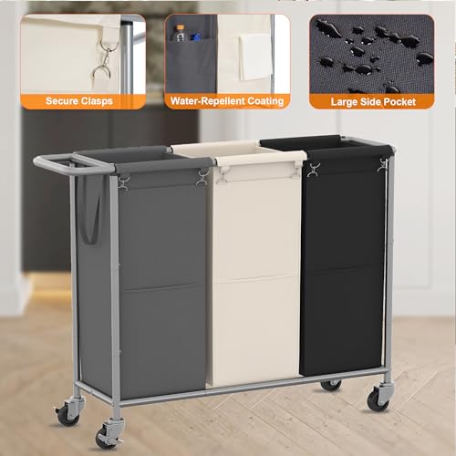 Heybly Laundry Basket, 3 x 18.5 Gal Laundry Separator Hamper with Heavy Duty Rolling Wheels, Laundry Divider Sorter with Removable Bags for Dirty Clothes Storage, 40.2 x 15.4 x 33.1 Inches HLH022P03 by Heybly - Image 3