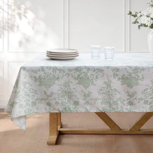 Nestinco Waterproof Rectangle Tablecloth 52" x 70", French Country Sage Green Damask Linen Blend Tablecloth for Dining Table, Buffet, Party
