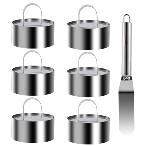6 Pz Coppapasta Tondi Ø 7,5 cm/Altezza 4 cm, Stampi Coppa Pasta di Acciaio Inox, Anello per Torte, Anelli per Torta Rotondo, Anelli per Torte Dessert Mousse DIY, con Sollevatore, 1 Spatola per Torte
