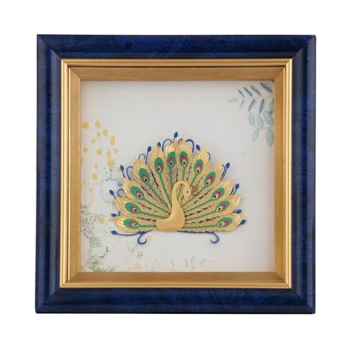 Image of Pk & Pk Jewellers Dancing Peacock with Blue Tabletop | 24KT Gold Square Frame | Extra Small Size [14x14 cm] (For Premium Luxury Gift, Home Decor, Table Decoration)