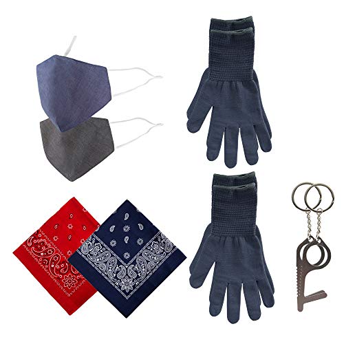 Be Wise Washable & Resusable Personal Protection Face Mask, Gloves, and Touch Tool Utility Kit, Red/Blue, 8 Pack