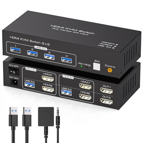 TJCXELE 4K120Hz HDMI KVM Switch 2 Monitors 2 Computers USB 3.0 KVM Switch Dual Monitor Share Dual Monitors and 4 USB Ports Support Extended and Copy With USB 3.0 Cables & Desktop Controller