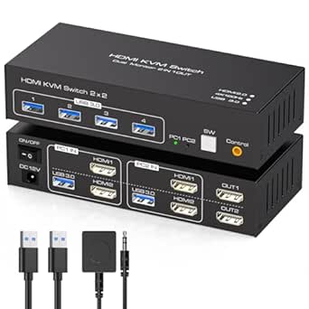4K@120Hz KVM Switch 2 Monitors 2 Computers 8K@60Hz HDMI KVM Switch Share Dual Monitor and 4 USB Devices Support Extended/Copy Mode with USB 3.0 Cables and Extended Controller