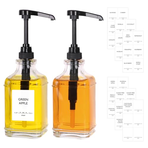 SZUAH 16oz Coffee Syrup Dispensers for Coffee Bar 2Pack, 480ml Glass Syrup Dispensers with Pumps and Stickers for Ketchup,Water and Lotion