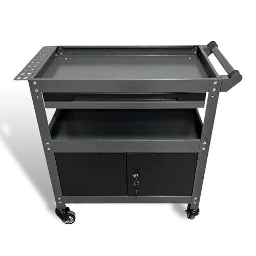 Mechanic Rolling Tool Cart, Metal Industrial Utility Cart on Wheels, with Drawer and Lockable Cabinets, for Garage Repair Shop Warehouse