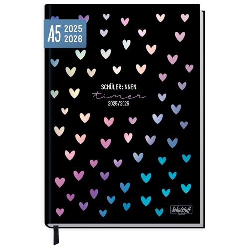 Schulstuff Schüler-Timer 2025/2026 A5 - organisiert durchs neue Schuljahr - Flexocover Schülerkalender, Schülerplaner, Hausaufgabenheft Color Hearts - nachhaltig & klimafreundlich