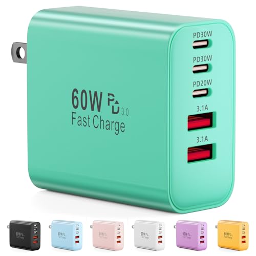 Image of USB C Charger Block, 60W 5-Port Type C Charger Fast Charging Blocks | USBC Multiple Port Wall Charger Plug for iPhone 17 /16 /15 /14 /13 /12 /11 Pro Max, Samsung Galaxy, Android Phone, iPad, Green