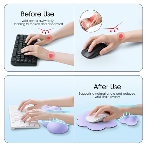 Retuhapy Cloud Wrist Rest Keyboard Cushion, 4-in-1 Ergonomic Cloud Keyboard Wrist Rest and Mouse Pad Set with Memory Foam Arm Support for Palm, Cute Desk Accessory for PC Gaming Setup, Purple