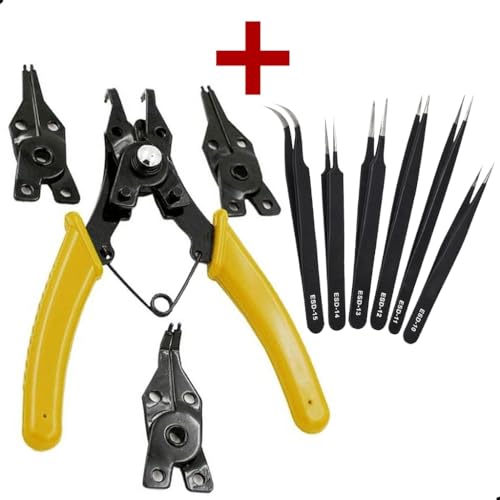 4 em 1 - Kit Alicate P/Trava Anel Interno Externo Bico Curvo Reto + Jogo de Pinças