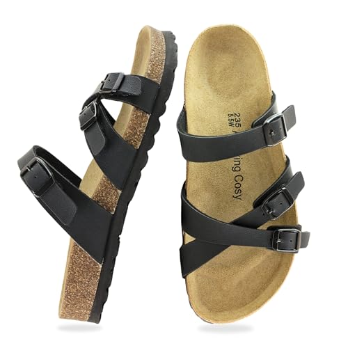 Image of Women Cork Footbed Sandal Unisex, Comfortable Vegan Leather Slip On Summer Beach Sandal with Adjustable Buckle Strap, Casual Open Toe - Wide Fit