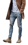 Men's Light Blue Skinny Fit Destroyed Cotton Denim Jeans with Knee Open Rips W34