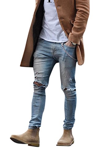 Men's Vintage Skinny Fit Destroyed Cotton Denim Jeans with Knee Open Rips (W34, Light Blue)
