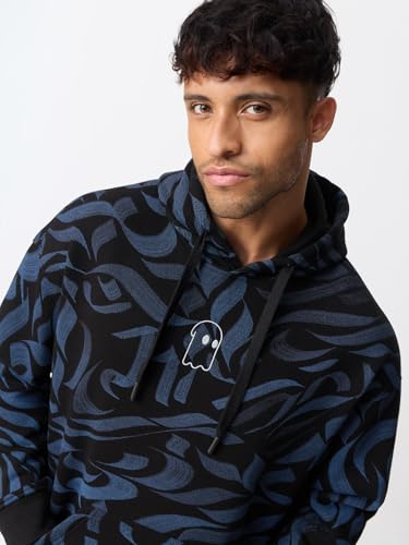 Image of The Souled Store Calligraphy Men and Boys Full Sleeves Hooded Neck Black and Blue All Over Print Cotton Blend Fleece Drop Shoulder Everyday Streetwear Oversized Fit Pullover Hoodie