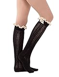 Dimore Over the Knee Antique Crochet Cable Lace and Button Thigh Thin High Boot Socks with Lace Trim Black