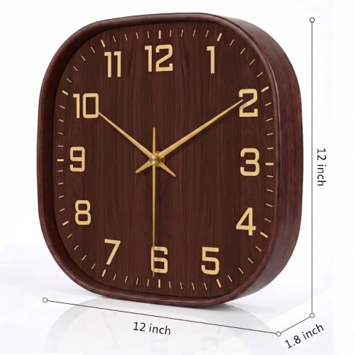 Image of STAR WORK 12 inch Inch Square Silent Non-Ticking Quartz Movement Wall Clock with Analog & Digital Display | Easy-to-Read Numbers | Modern Design for Living Room, Bedroom or Office (Walnut - Gold)