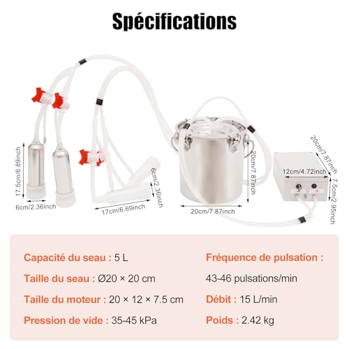 OUKANING Machine à traire électrique 5L pour bovins et chèvres, machine à traire 5 litres avec réservoir en acier inoxydable, machine à traire à pulsation 43-46 cycles/min, pompe à lait réglable 35-45 – vue 5