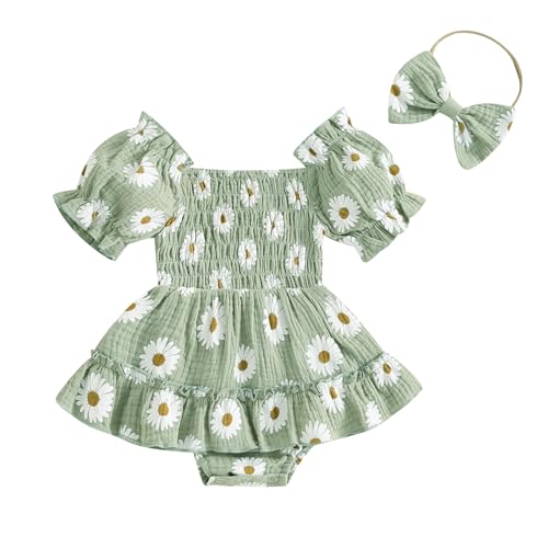 Image of Lesimsam Newborn Baby Girl Clothes Daisy Romper Dress Short Sleeve Smocked Bubble Bodysuit Jumpsuit Cute Summer Outfit