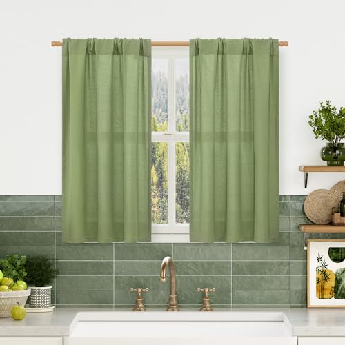 Image of LAMIT Light Filtering Green Linen Curtains for Small Windows, 2 Panels