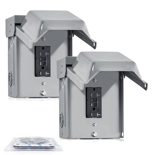 HQRP 2-Pack Outdoor Electrical Outlet Box, 20 AMP WRTR GFCI Receptacle, Rainproof 3R Enclosure, Weatherproof All Metal Outlet Cover, Power Plug for Patio, Garage, Outdoor Decorations [ETL Listed]