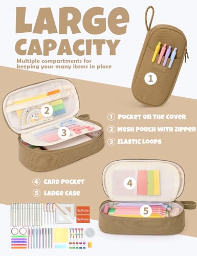 Image of SUNEE Cute Pencil Case, Large Pencil Pouch, Soft Corduroy Fabric Big Pencil Bag with Zipper, Kawaii Pen Bag Stationery Storage and Organizer, School Supplies for Teen, Student, Boys, Girls, Khaki