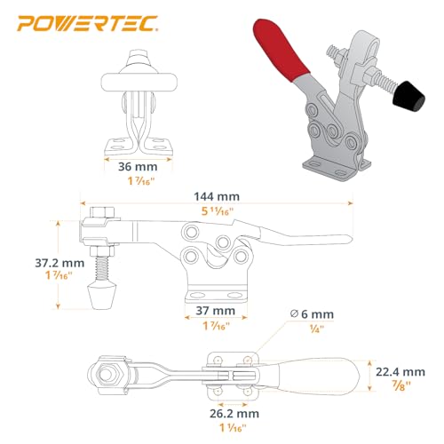 Image of POWERTEC 12PK Toggle Clamp, 300 lbs Capacity, 201B Quick Release Horizontal Clamps w /Antislip Rubber Pressure Tip for Woodworking Jigs and Fixtures, Welding, Drill Press, Crosscut Sled (20327-P3)
