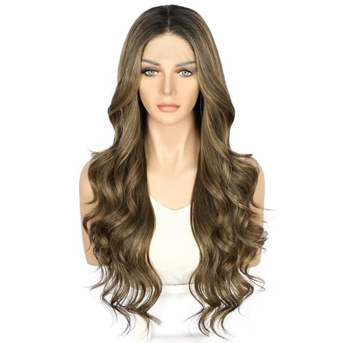 Sapphirewigs Brown Lace Front Wig Synthetic Body Wave Ombre Brown Balayage Synthetic Lace Front Wigs Party Date Daily Wear Christmas Natural Looking 26 inch - Image 4