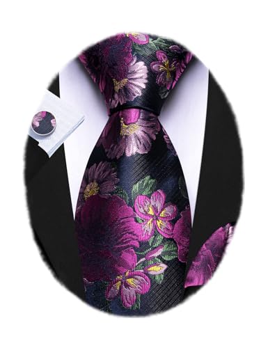 Image of Barry.Wang Flower Ties for Men Silk Woven Floral Tie Sets Necktie Handkerchief Cufflinks Wedding Party