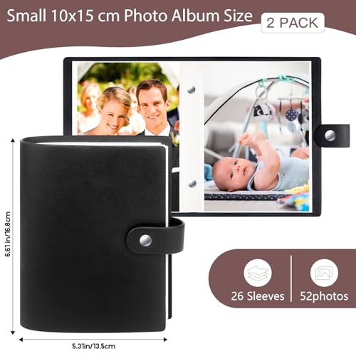2 Pack Small Photo Albums 6x4 Slip In Hold Totally 52 Photos 10x15cm, Mini Flip Photo Album Little Portable Memory Book with Leather Cover for Baby Wedding Holiday Family Birthday Travel (Black)