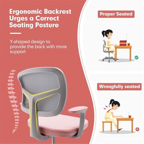 Image of Pemberly Row Kids Study Chair, Adjustable Height 31.5-36 in, Pink Mesh Backrest, Removable Cushioned Seat, Ergonomic Design, Lumbar Support, Auto Brake Casters, 360 Swivel for Study or Playroom Use