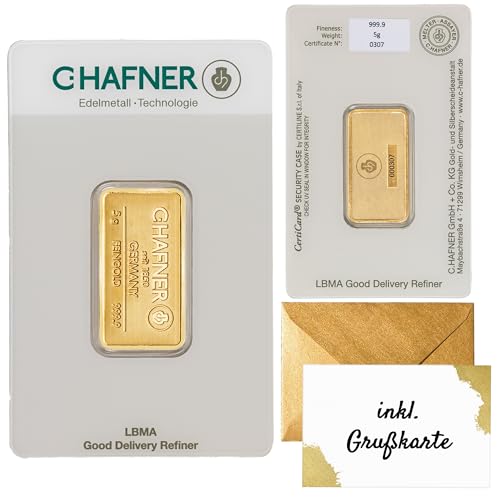 Gold verschenken Goldbarren C.Hafner - Feingold - Anlagegold - inkl. Geschenkverpackung Grußkarte und Echtheitsgarantie (5g Gold)