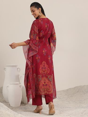 Image of Libas Womens Printed Chiffon A Line Kurta With Trousers | daily wear suit