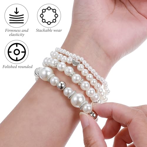 8 Pack Pearl Bracelets for Women Simulated Pearl Beaded Stackable Bracelet Set White Pearls Stretch Bracelet Set Multilayered Elastic Pearls Bracelets Bangles for Women Bridal Boho Jewelry3